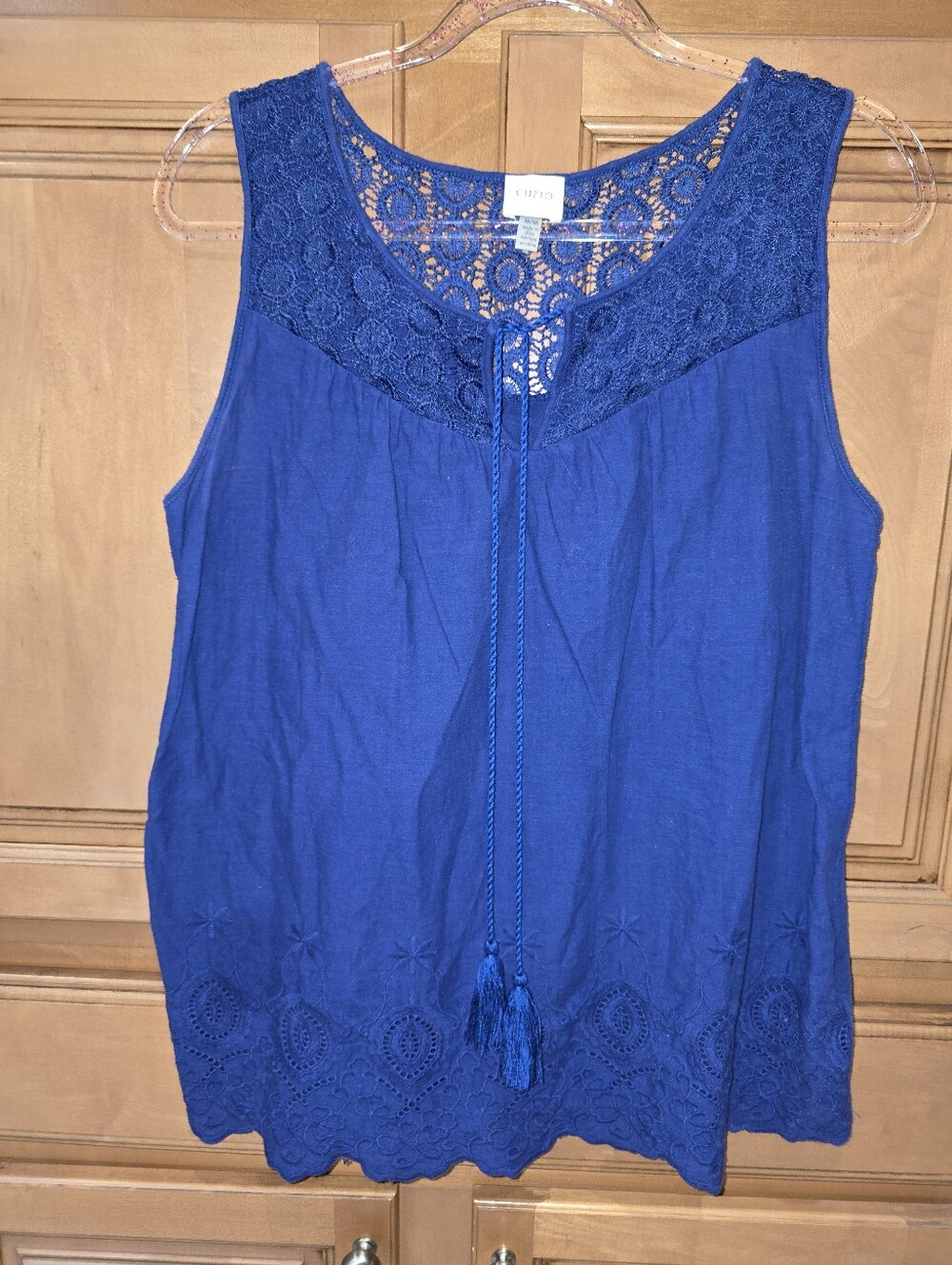 Womens Cupio Royal Blue Lace Yoke Tank with Tassel Tie Size M